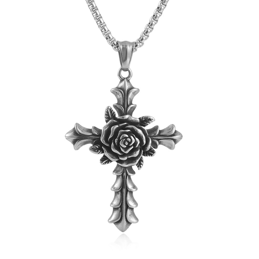 Titanium Steel Cross Pendant Necklace for Men - Trendy Punk Style with Floral Design