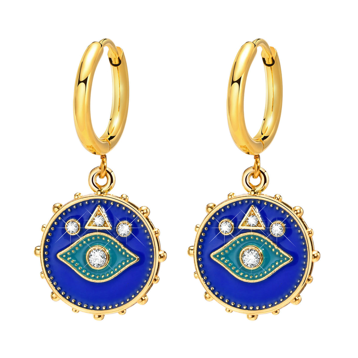 Blue Enamel Evil Eye Charm Hoop Earring