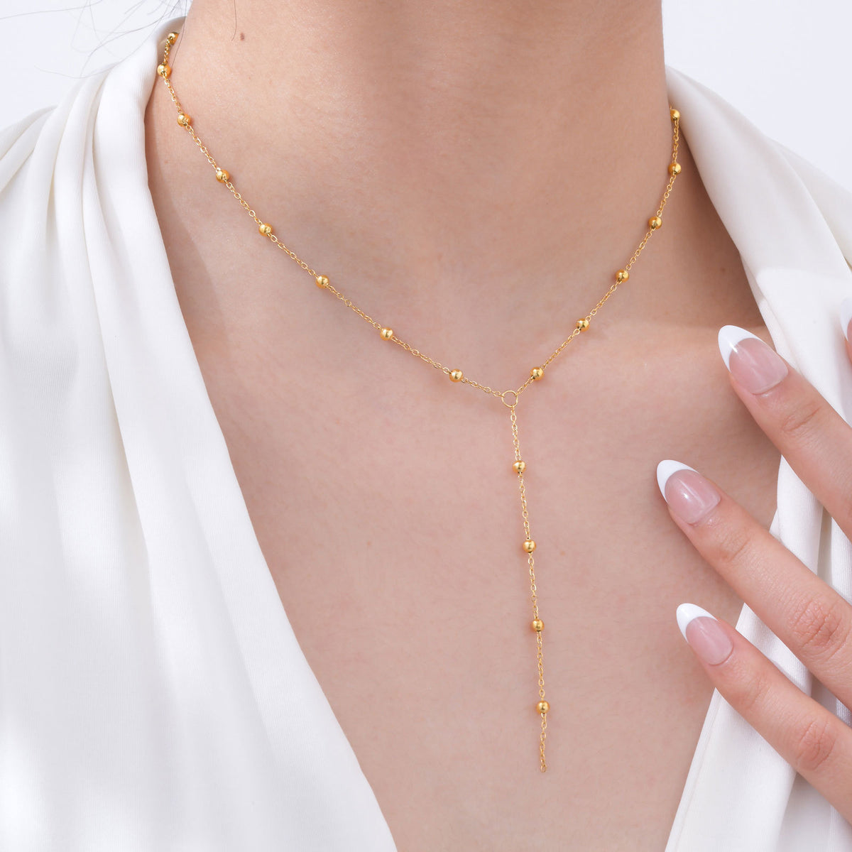 Stainless Steel Bead Chain Y-Shaped Gold Necklace Women's