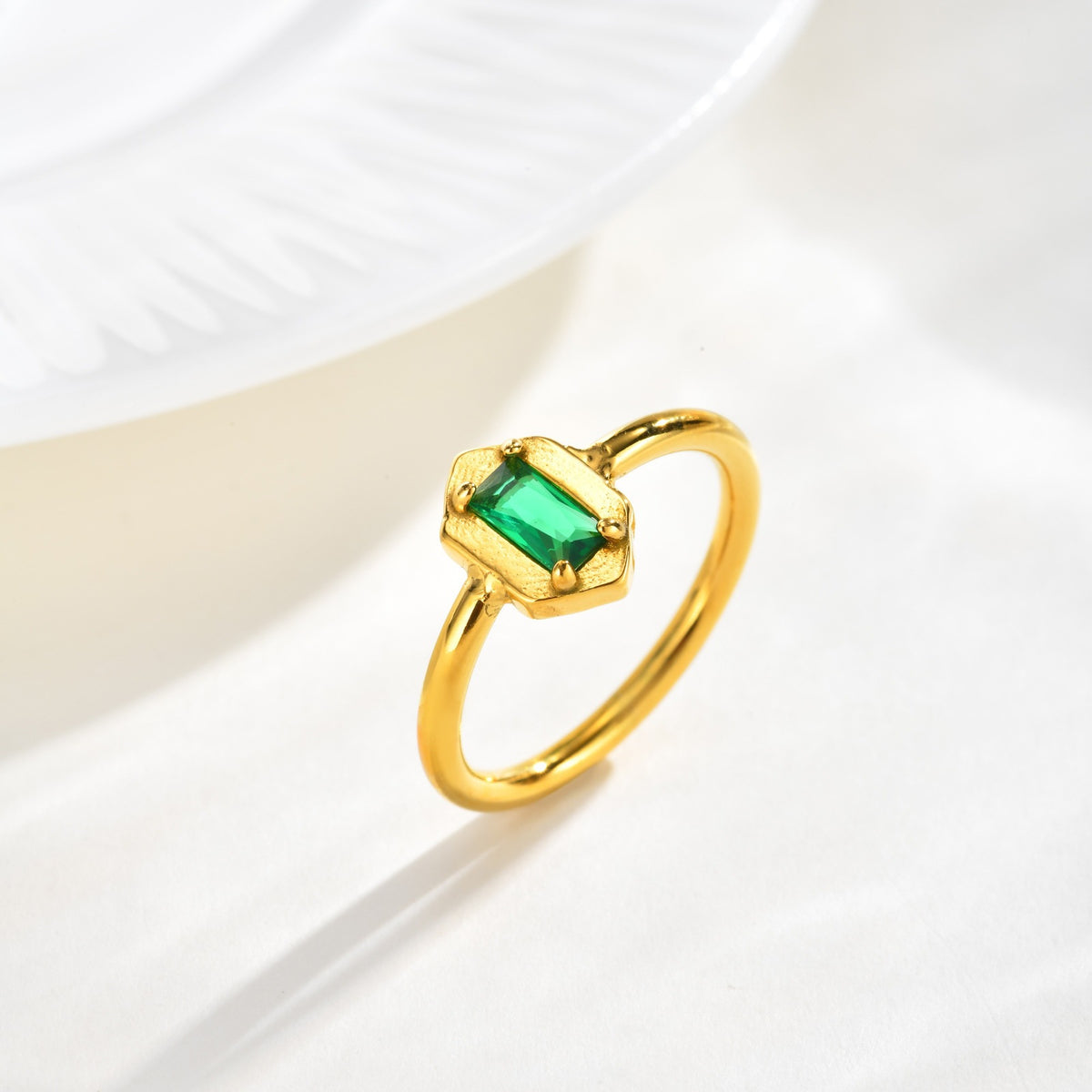 Small Plain Ring Women's Square Stainless Steel Hexagonal Green Zircon Geometric