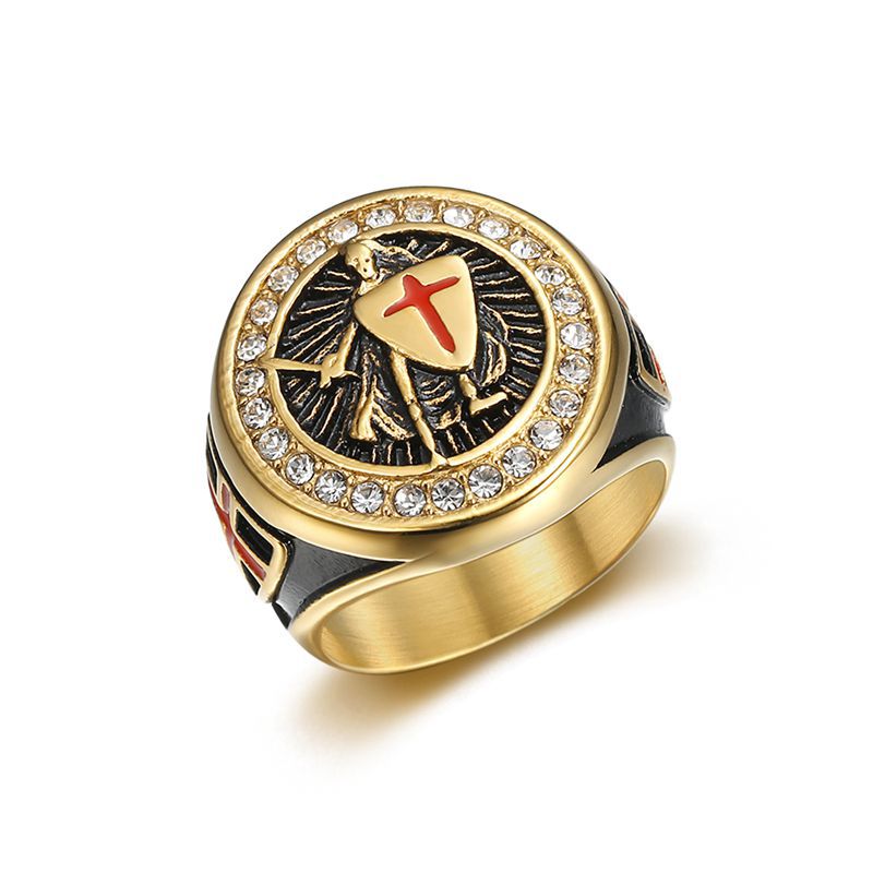 Planderful Gold Titanium Steel Ring For Men Bold Retro Templar Red Cross Shield Everyday Genie