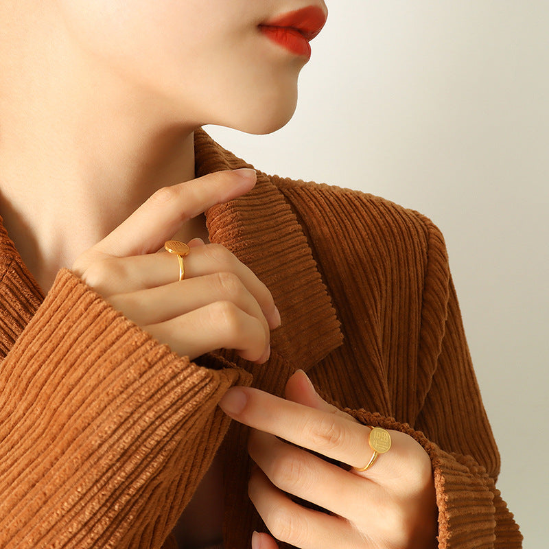 Golden Fortune Single-Sided Ring - Elegant Chinese Style Titanium Steel Jewelry