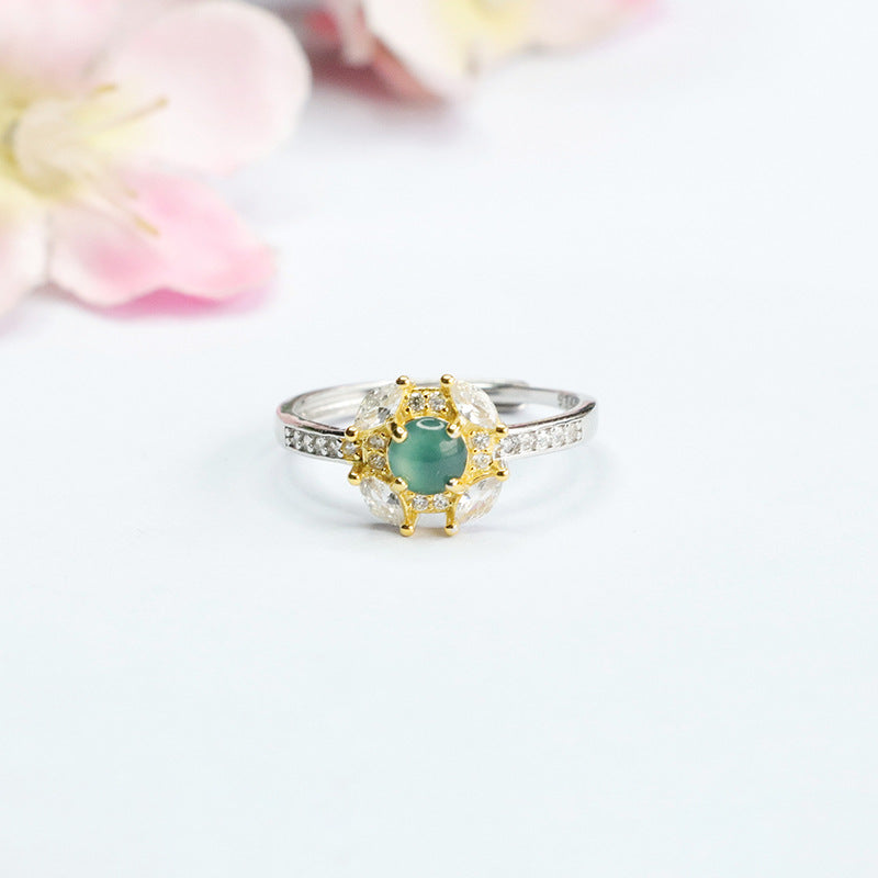 Jade and Zircon Sterling Silver Flower Ring with Ice Blue Green Jade