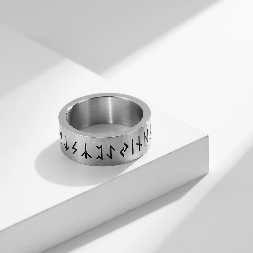Planderful Nordic Viking Ring Bold for Men Matte Brushed Titanium Steel Jewelry with Pirate Text Design