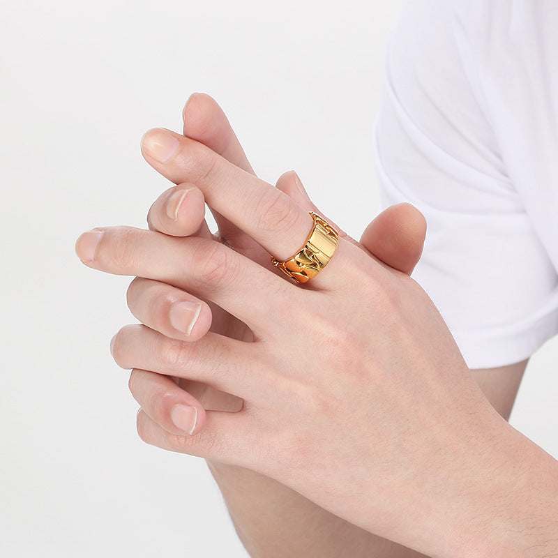 Planderful Mens Hollow Ring 18K Gold Titanium Cuban Chain