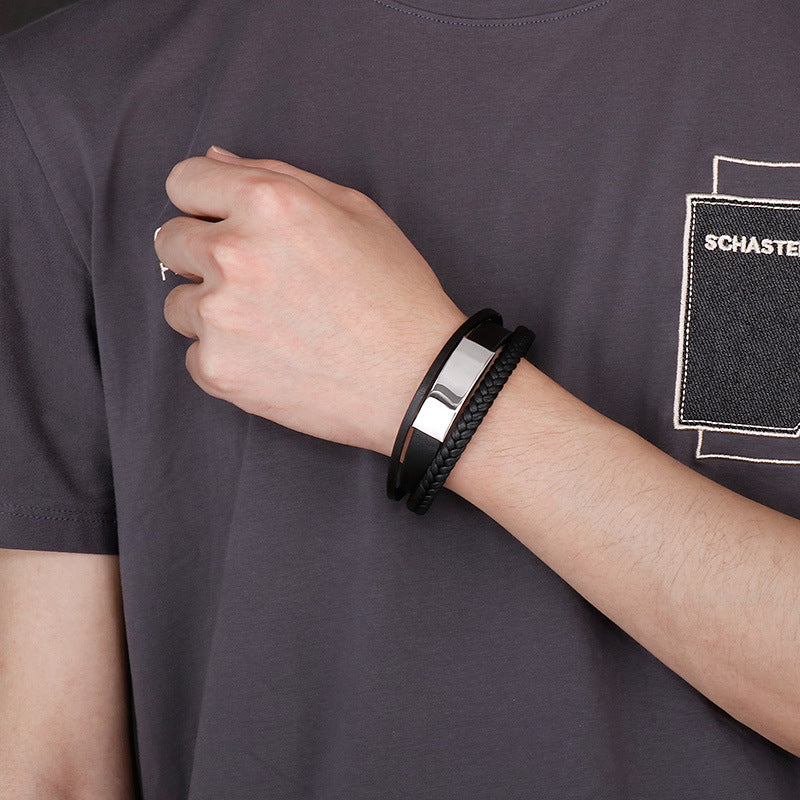 Planderful Everyday Genie Mens Leather Steel Curved Bracelet