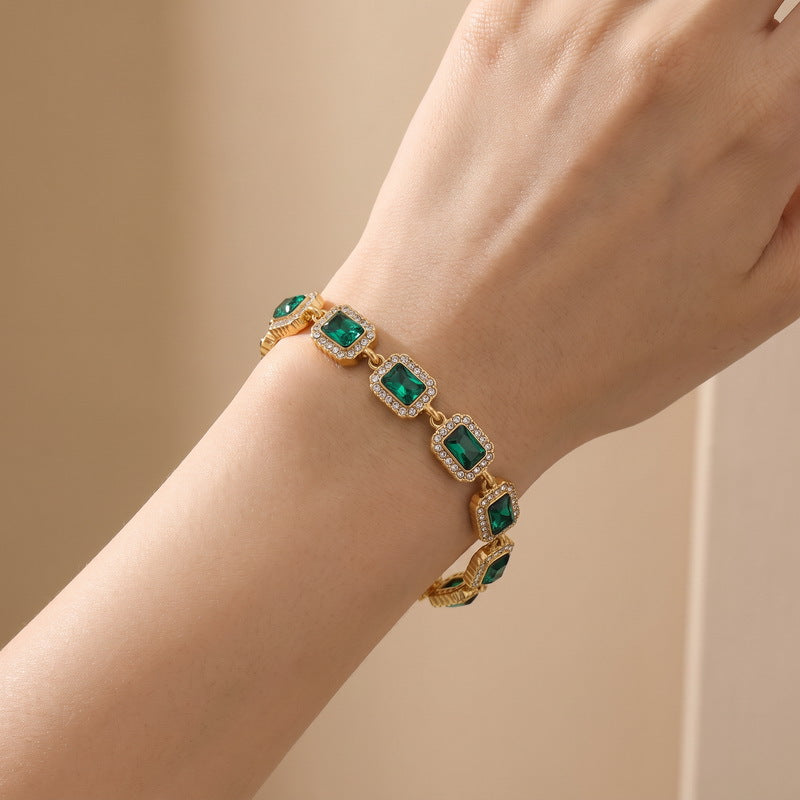 Color Surrounding Square Zircon Stainless Steel Bracelet Palace Style Adjustable