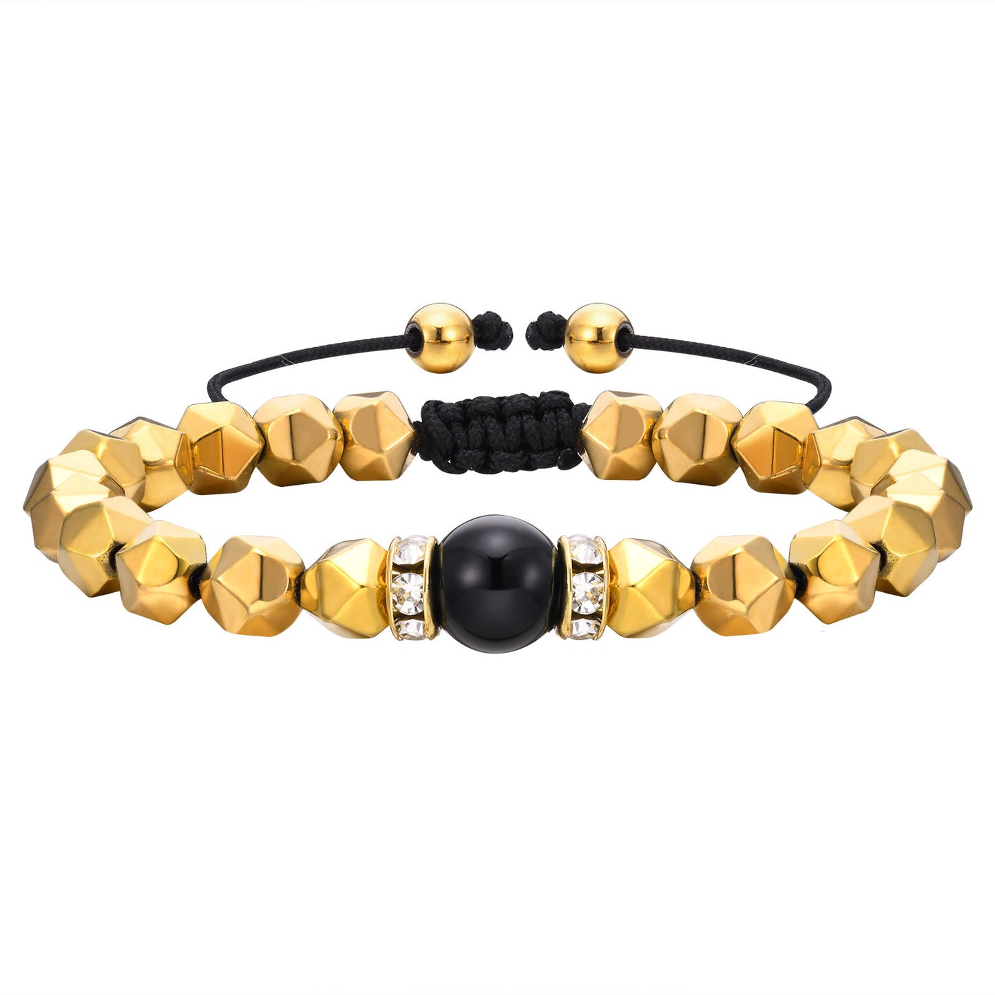Men's Gold Black Gallstone Slice Glossy Agate Beaded Bracelet