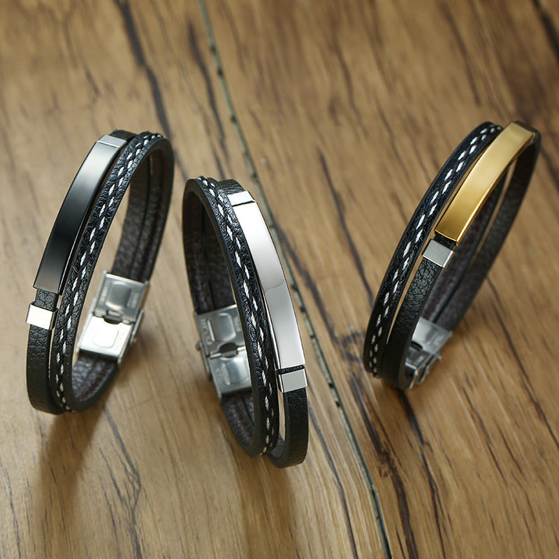 Stainless Steel Leather Bracelet Curved PU Leather Woven