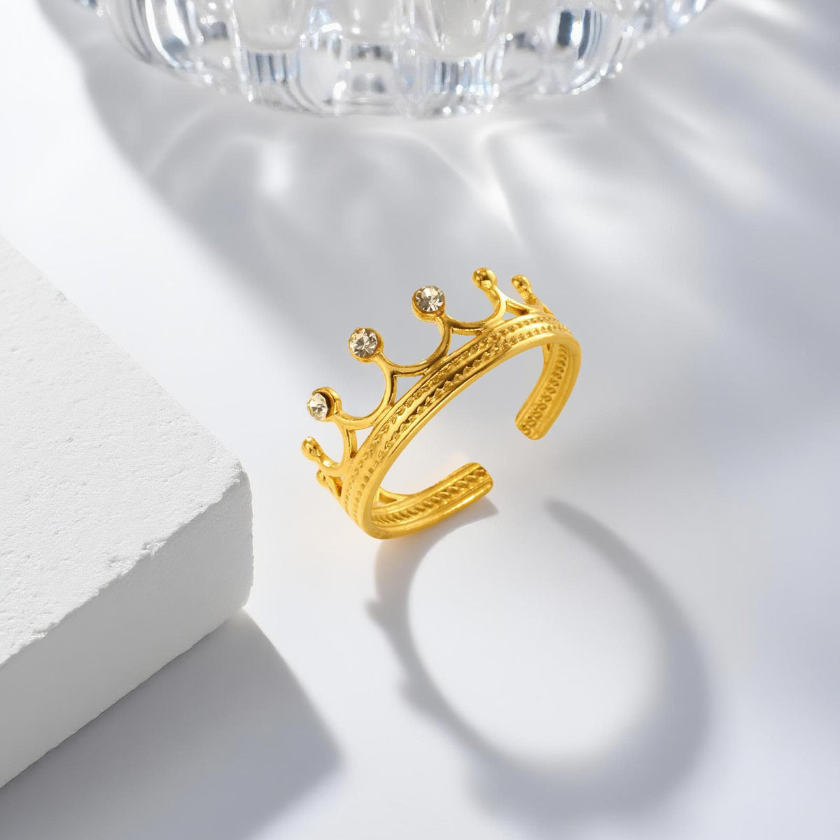 Stainless Steel Gold-Plated Design Sense Zircon Crown Opening Ring Gold