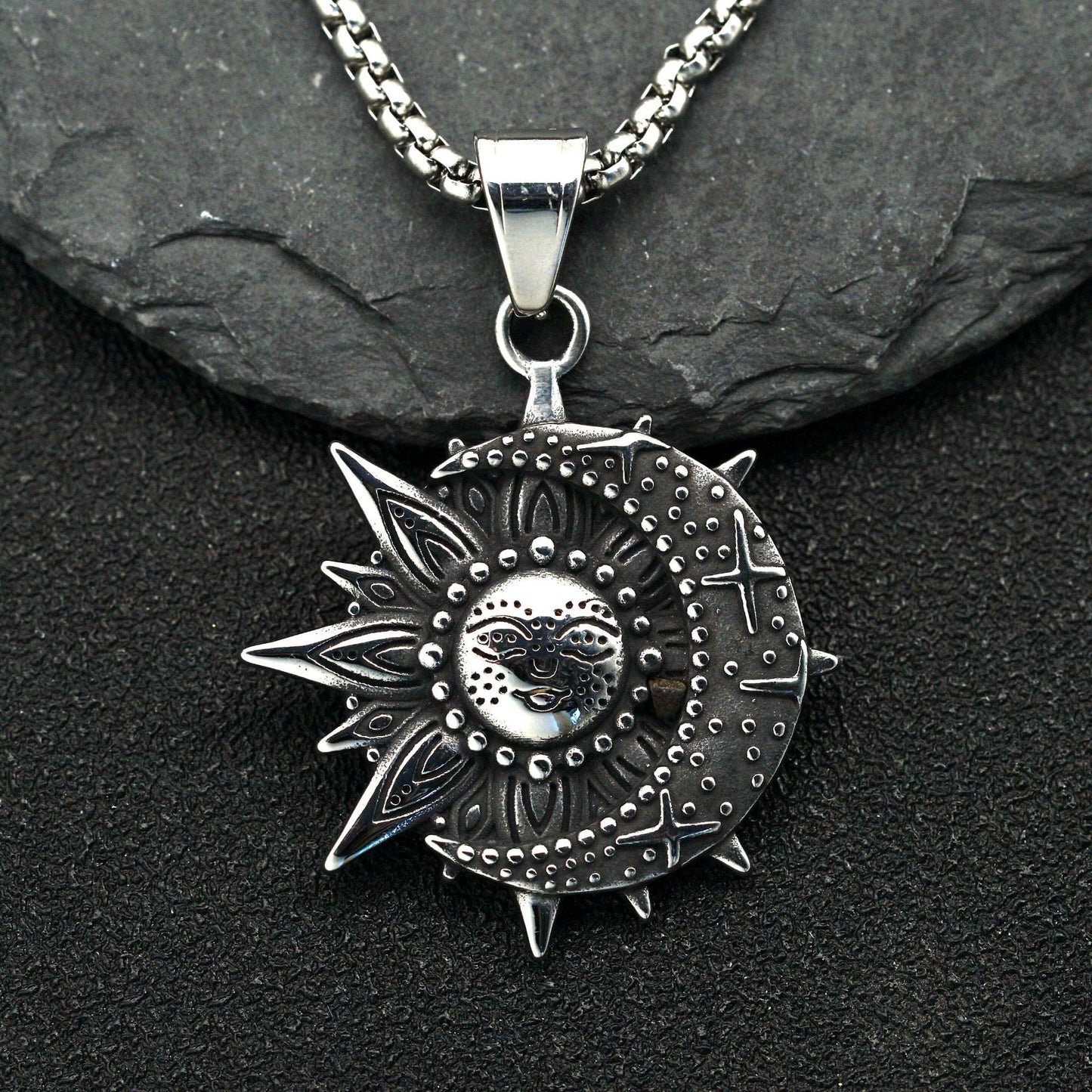 Steel Necklace Vintage Sun Smiley Celestial Mandala Floral Pendant Planderful Jewelry