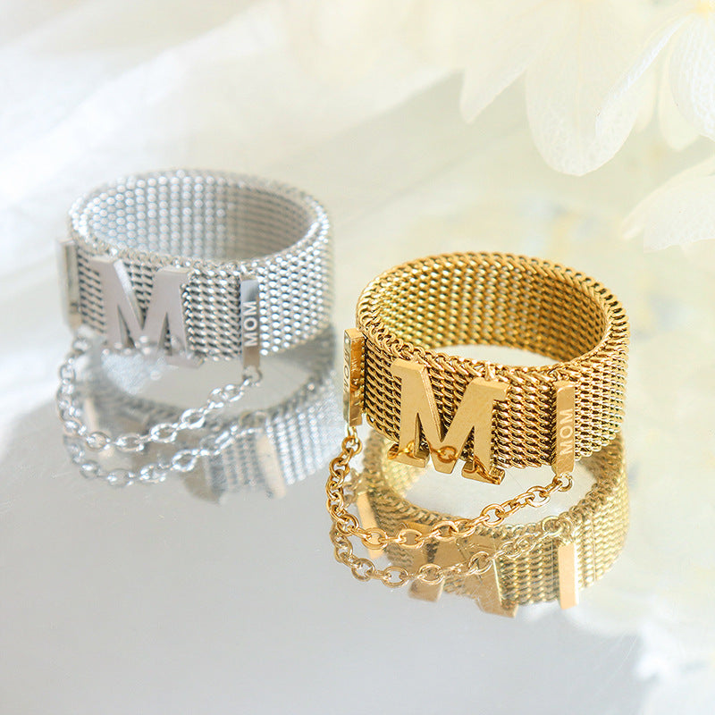 Extravagant Mesh Belt Fringed Chain Ring with Titanium Steel and Gold Accent