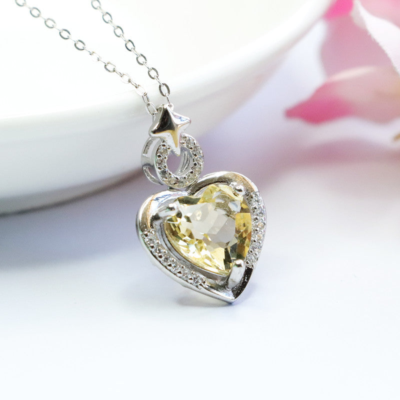 Citrine Heart & Star Silver Pendant — No Chain