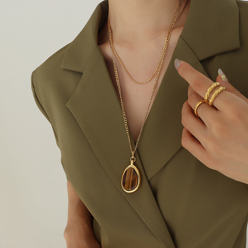 Tiger's Eye Double-Layer Necklace with Exaggerated Personality and Gold-Plated Sweater Chain - Women's Fashion Accessory
