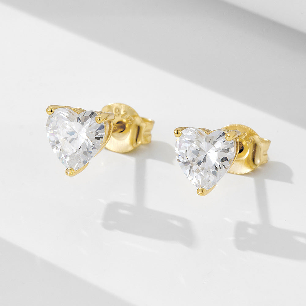 S925 Sterling Silver Love Zircon Stud Earrings Women's Fashion