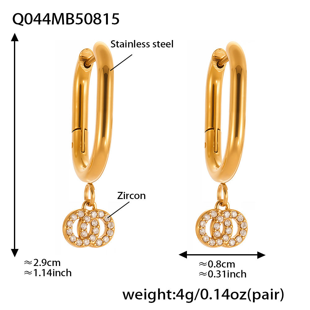 Planderful Zircon Earrings Titanium Steel Double Ring Women