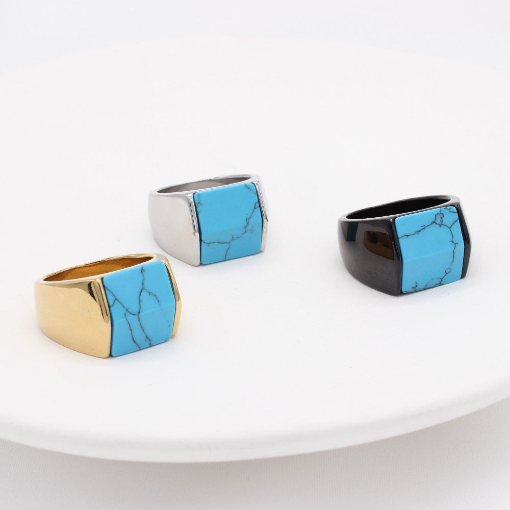 Turquoise Titanium Square Steel Ring For Men And Unisex Planderful Everyday Genie Protection Statement Jewelry