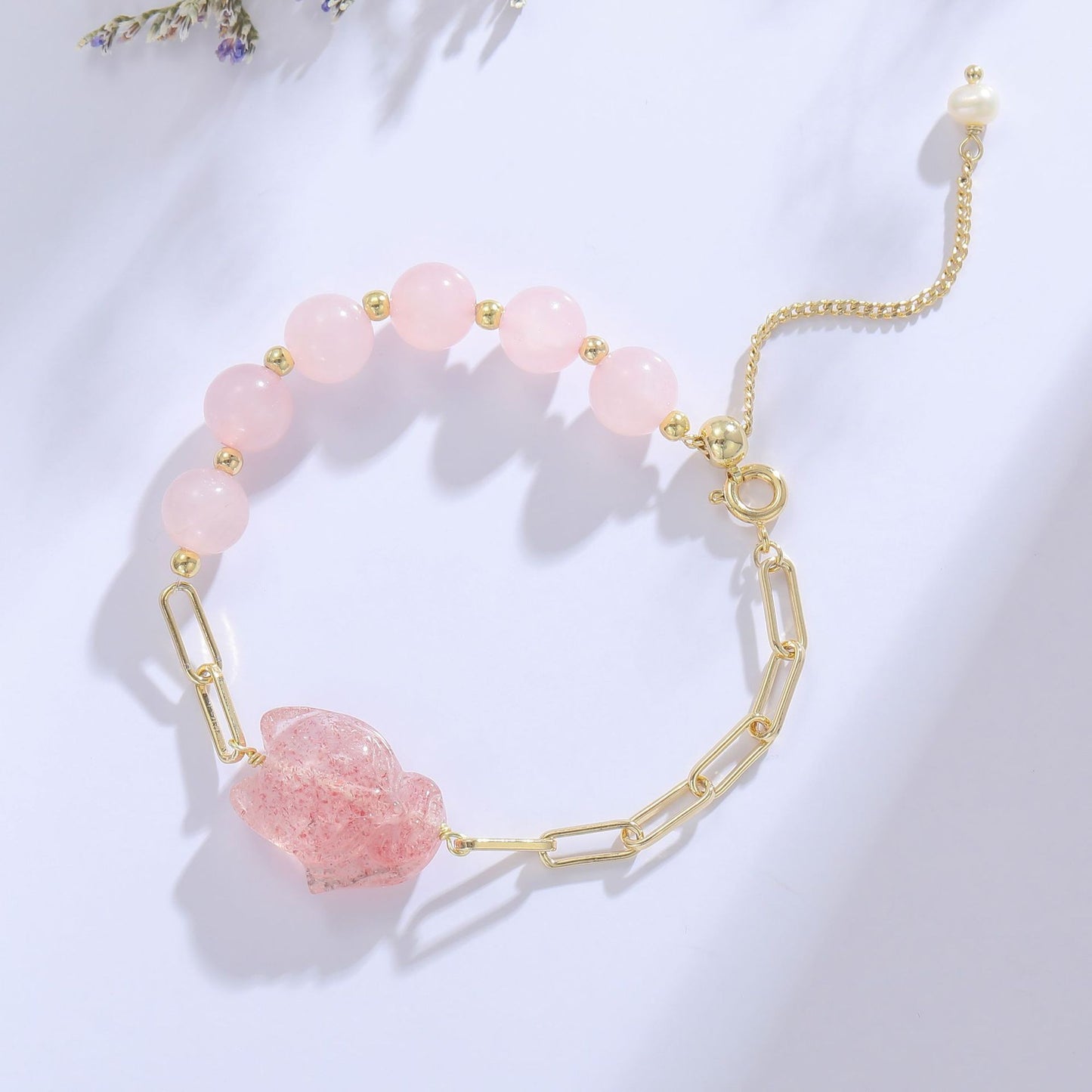 Peach Blossom Crystal Bracelet with Small Fox Design