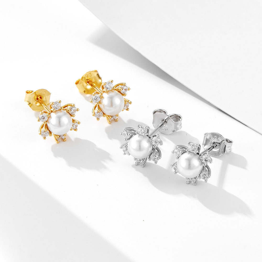S925 Sterling Silver Pearl Earrings Exquisite Snowflake Zircon Stud Earrings Autumn And Winter