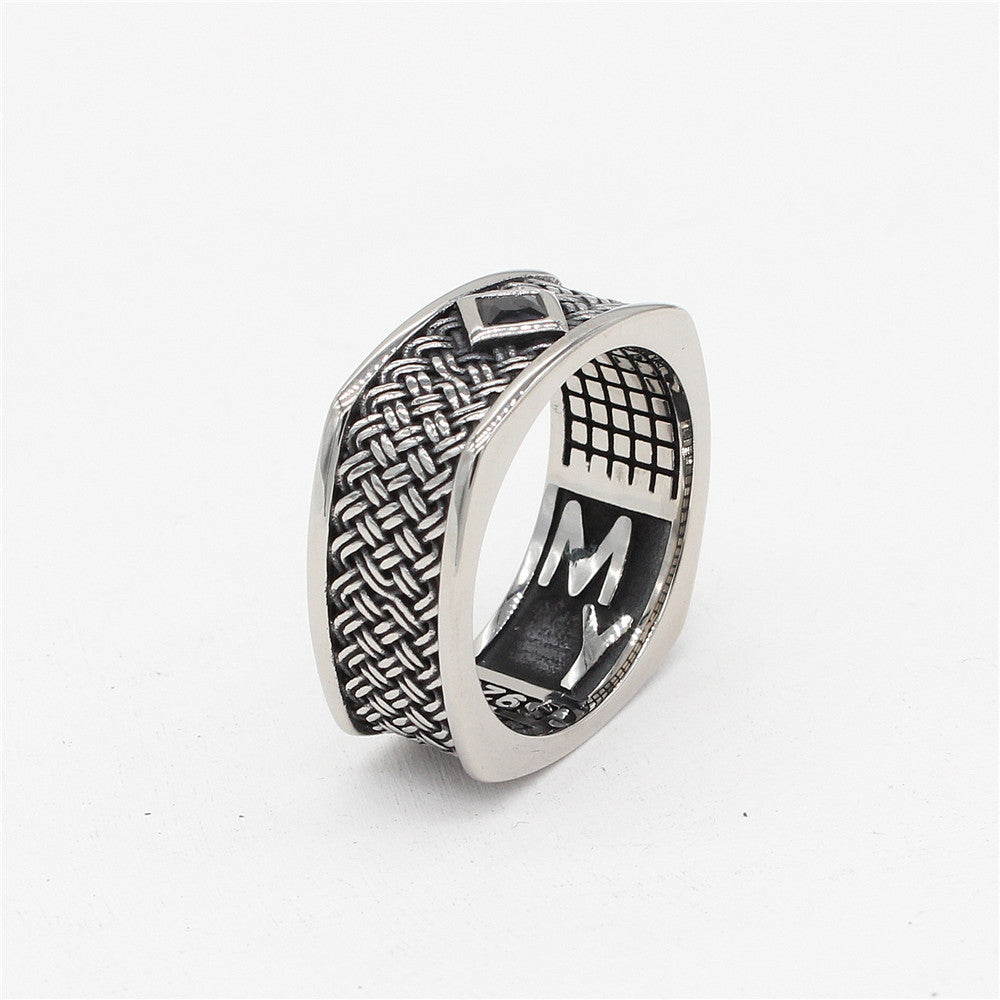Retro European and American Punk Square Zircon Men's Titanium Steel Ring