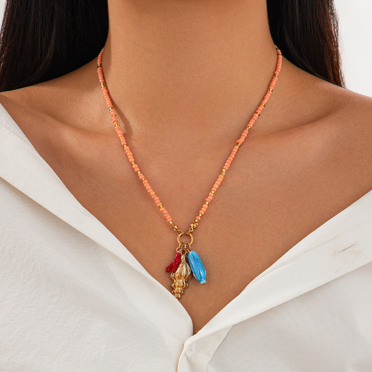Conch, Fish & Eye Coastal Bead Necklace