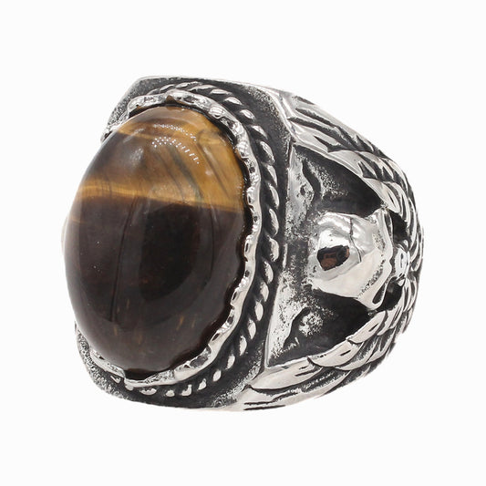 Planderful Tigers Eye Skull Ring Titanium Steel Unisex Oval Stone For Protection And Retro Style