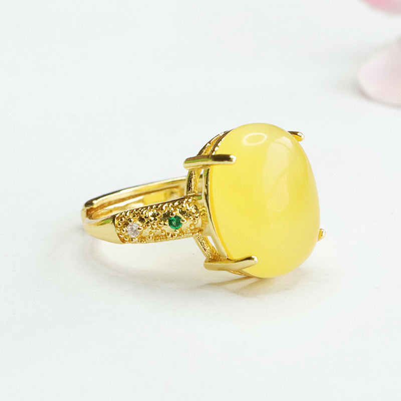 Regal Palace Style Beeswax Amber Ring with Green Zircon - Sterling Silver