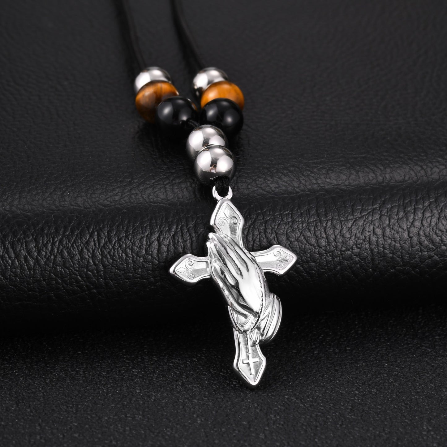 Stainless Steel Cross Agate Tiger's Eye Stone Beaded Adjustable Necklace