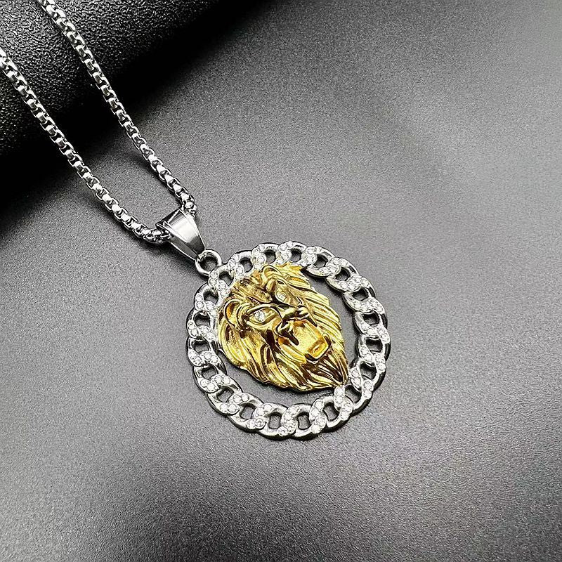 Zircon Necklace – Statement Hip Hop Lion Head Pendant Gold Plated Titanium Steel Jewelry