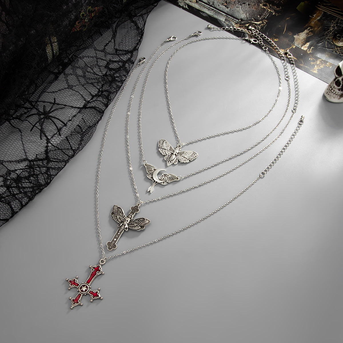 Gothic Moth, Bat & Cross Necklace