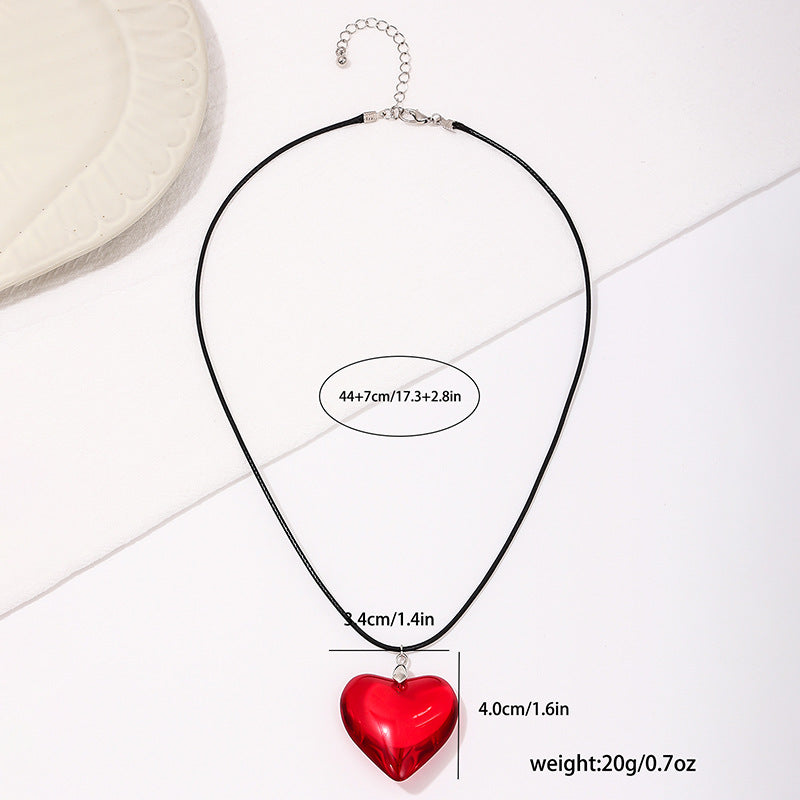 Sweet Red Glass Heart Pendant Necklace with Black Leather Rope - Urban Chic Collection