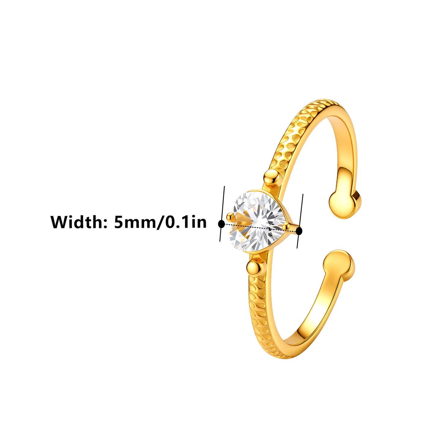 Planderful Hammer Texture Zircon Open Ring Stainless Steel Ring Adjustable Unisex Luxury Jewelry