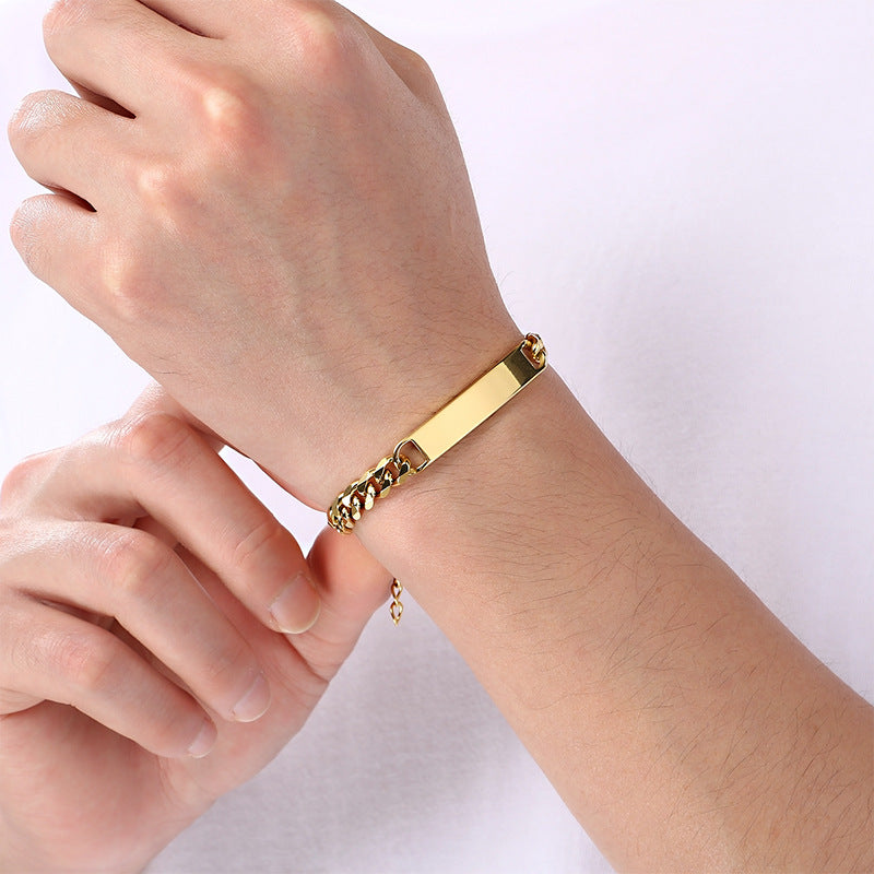 Engravable Curved Bar Bracelet – Layered Cuban Chain Titanium Steel Men's Bracelet