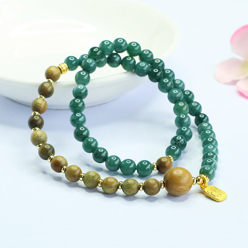 Blue Water Jadeite Green Sandalwood Style 2 Beaded Bracelet