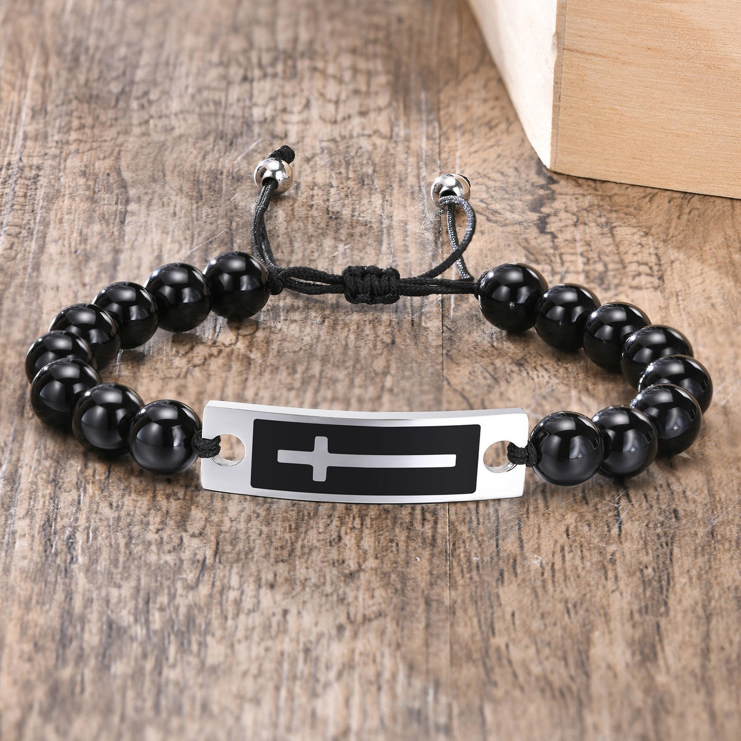 Bracelet Stainless Steel Bent Cross Black Agate Tiger's Eye Beaded Woven Bracelet for Men