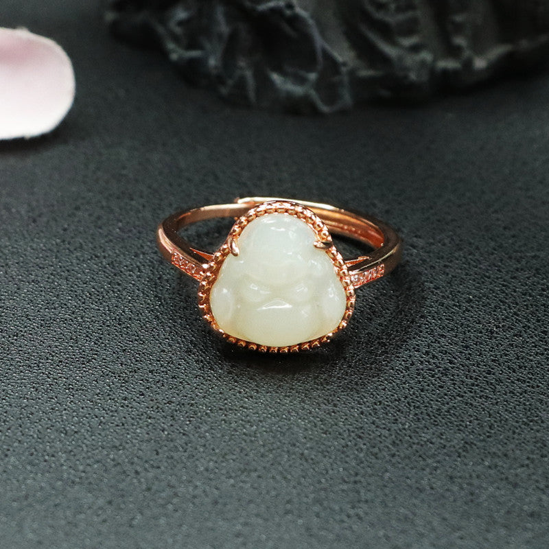 Serenity Collection: Natural Hotan Jade White Buddha Ring