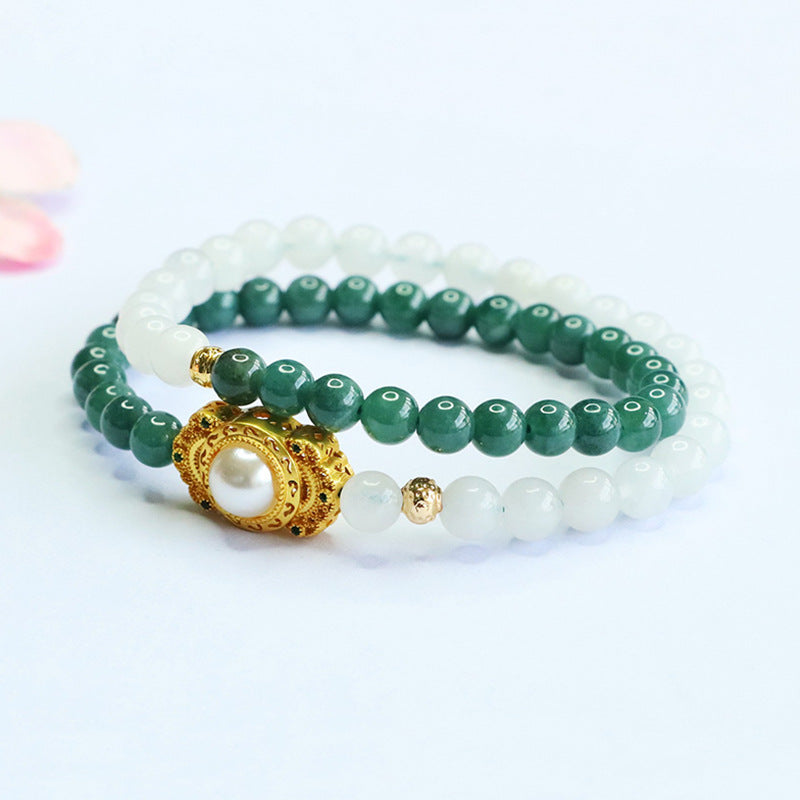 Blue Water Jadeite Golden Silk Jade & Double-Wrap Beaded Bracelet