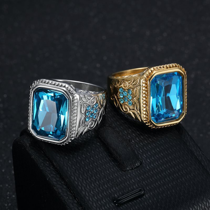 Planderful Hip Hop Ring For Men Gold Plated Titanium Steel Ice Blue Rhinestone Glass Gem Everyday Genie