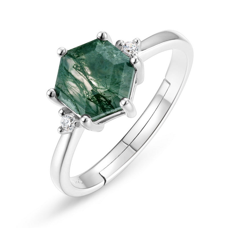 Planderful Jewelry Sterling Silver Agate Ring Green Moss Geometric Retro Design For Women