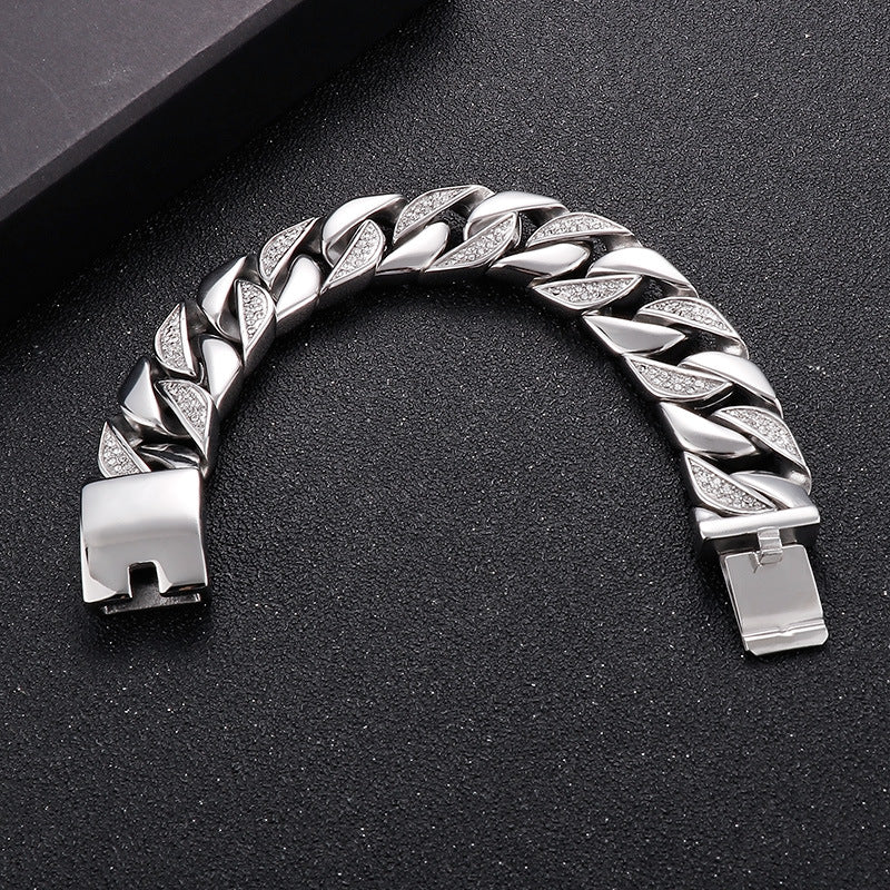 Korea Dongdaemun Glossy – Generous Titanium Steel Men's Zircon Cuban Chain Bracelet