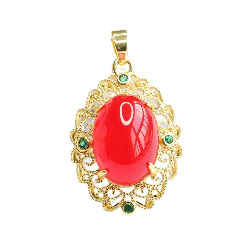 Oval Natural Red Agate Pendant, Yellow Green Chalcedony Golden Pendant Ethnic Style