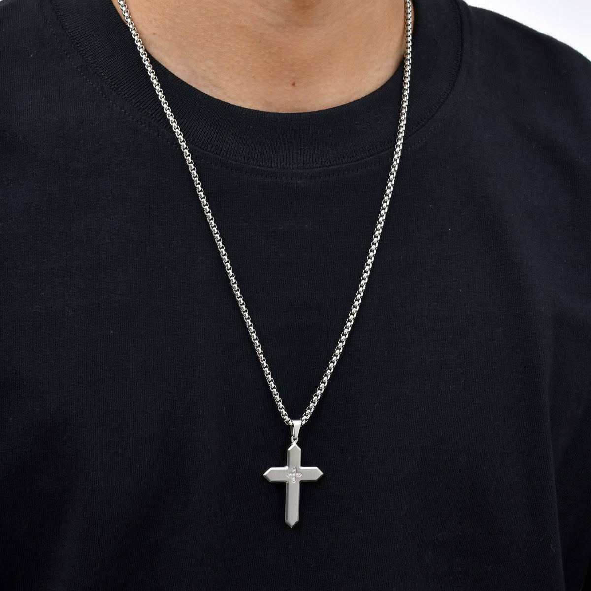 Unisex Classic Stainless Steel Inlaid Zircon Sand Surface Cross Pendant Square Pearl