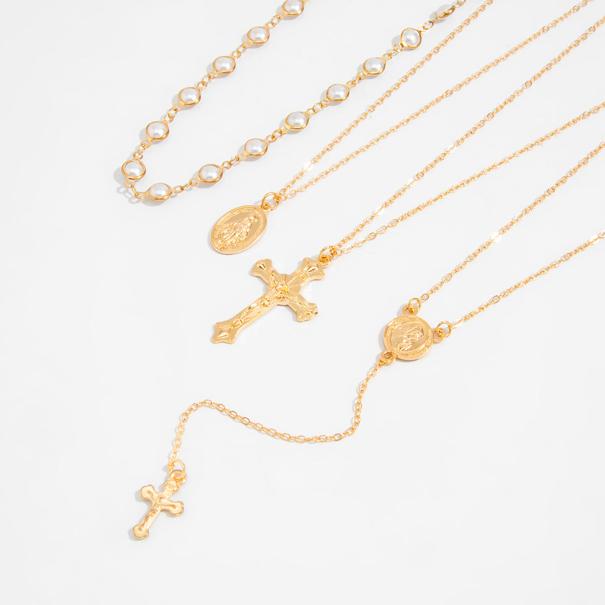 Cross, Pearl & Portrait Layered Necklace