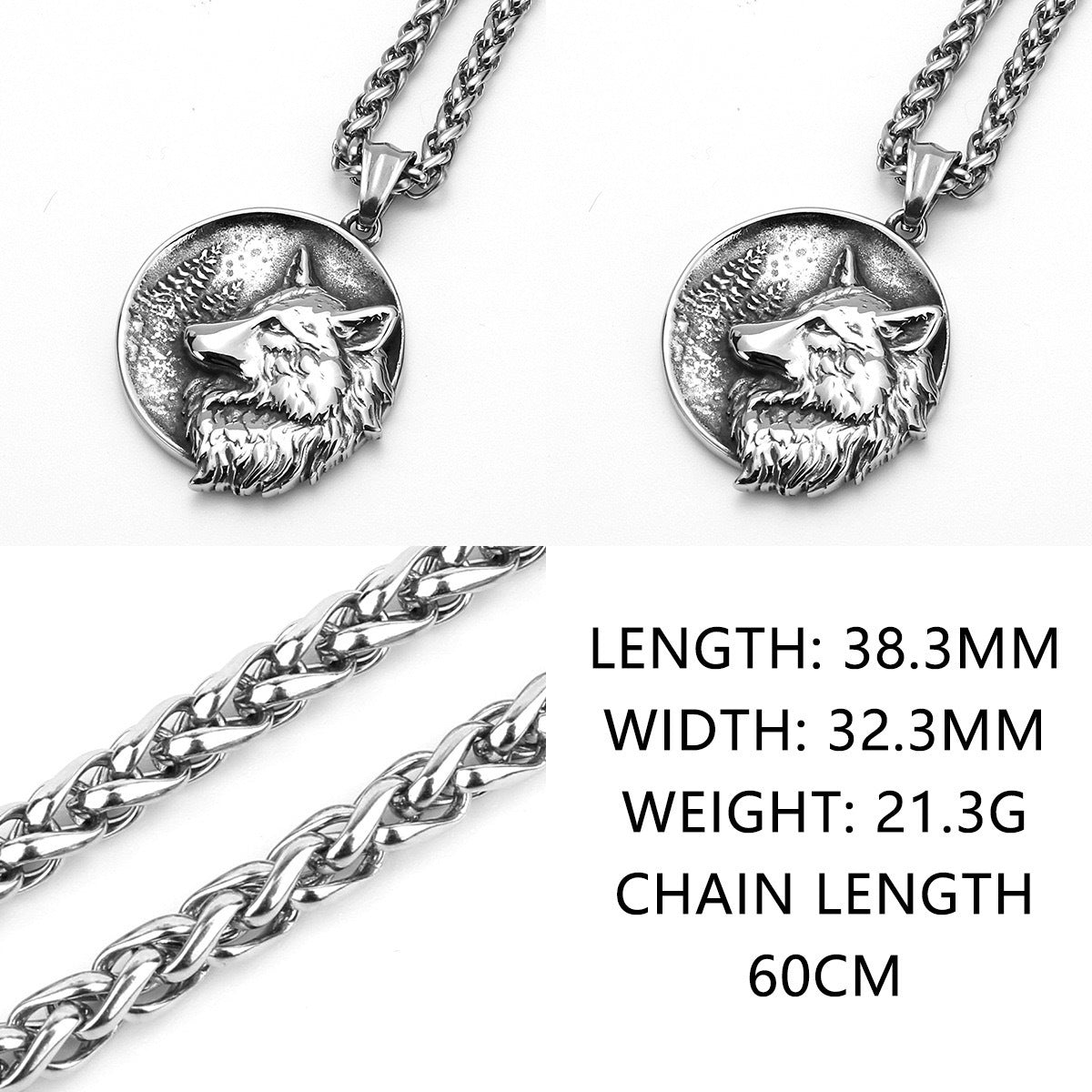 Planderful Wolf Head Double-Sided Pendant Necklace For Men Titanium Steel Rugged Viking Retro Style