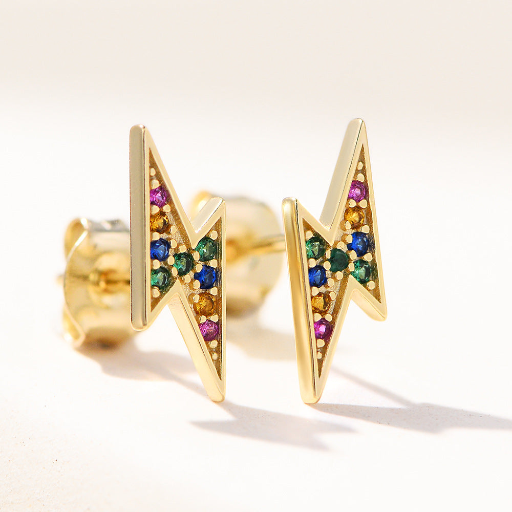 S925 Sterling Silver Micro-Inlaid Colored Zircon Stud Earrings Korean Version Geometric Lightning Earrings