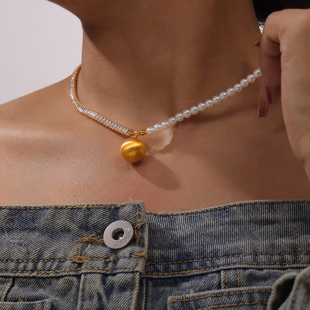 Elegant Copper Chain Pendant with Shell Bead and Zircon Detail