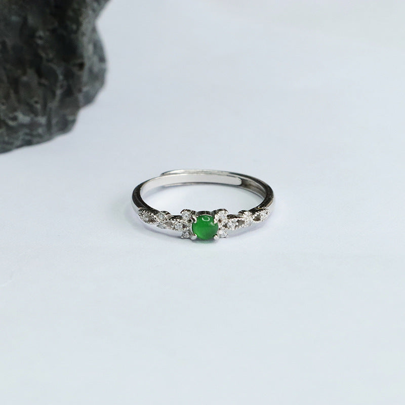 Ice Green Jade Zircon Hollow Ring with Sterling Silver Frame