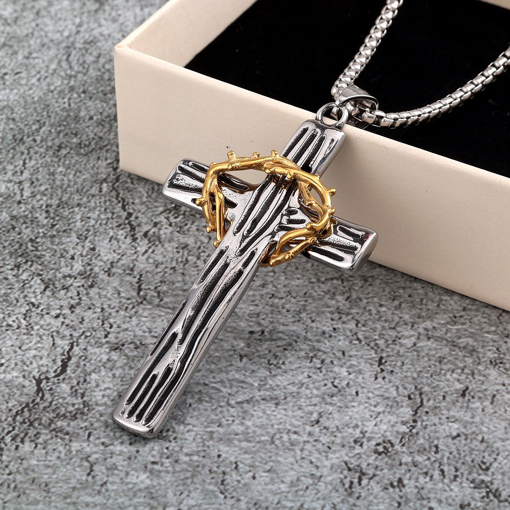 Vintage Cross Crown Stainless Steel Men's Pendant Necklace