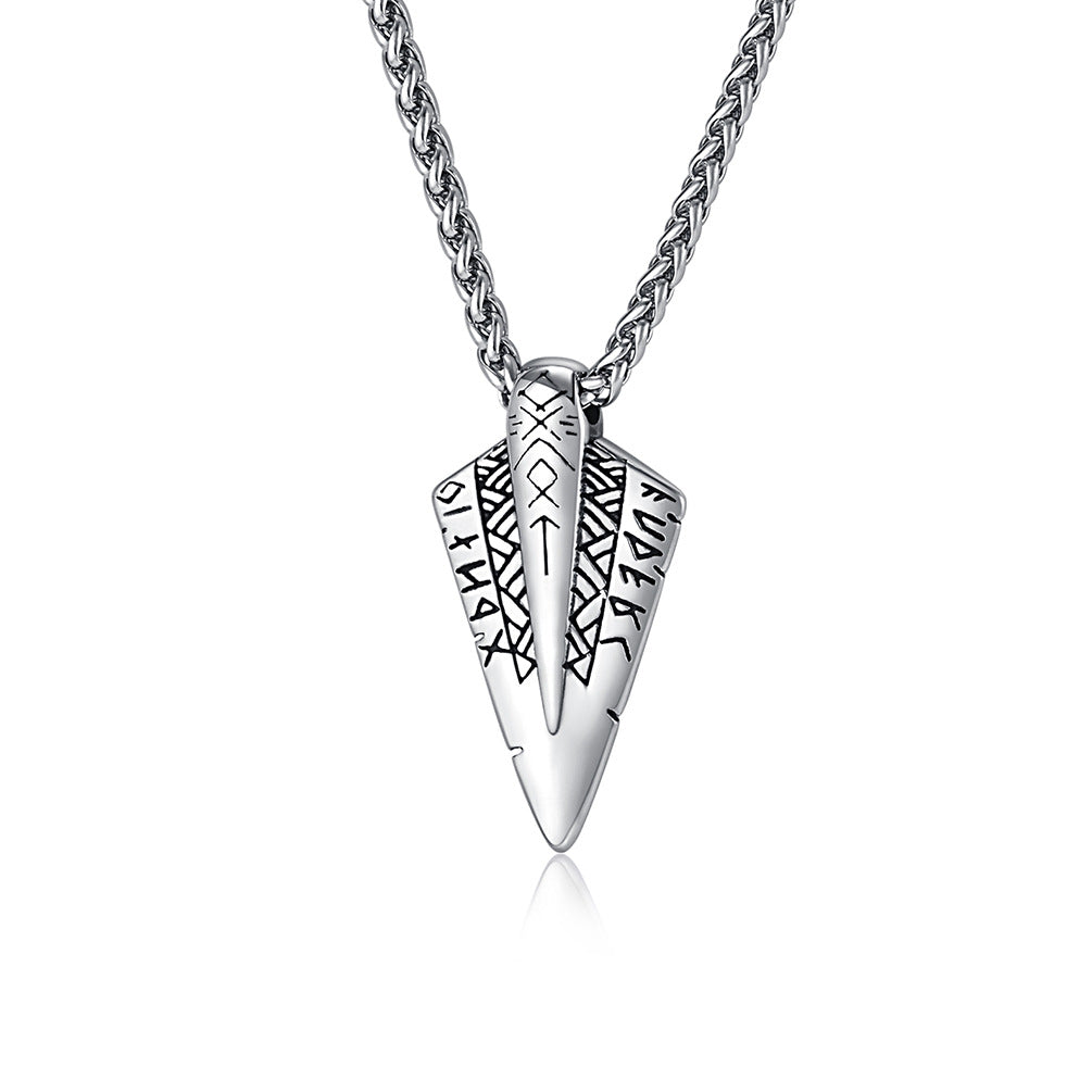 Planderful Hip Hop Trend Stainless Steel Viking Text Double Sided Necklace For Men With Arrow Symbol