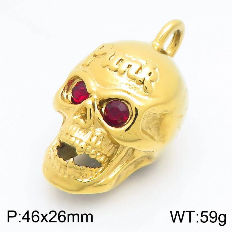 Punk Red Diamond Eye Skull Titanium Steel Pendant Halloween Vampire Head Men's Necklace